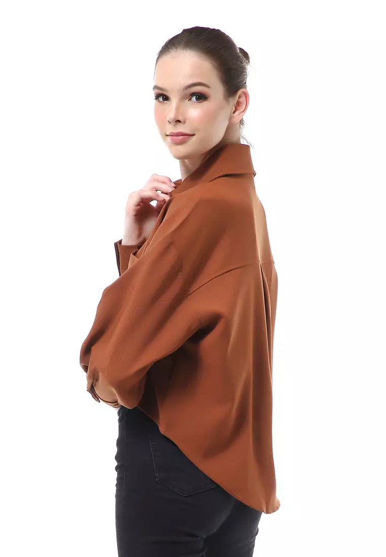 Brielle Atasan Wanita Kemeja Casual Lengan Panjang Oversize Shirt Material Polyester Cationic - Brown