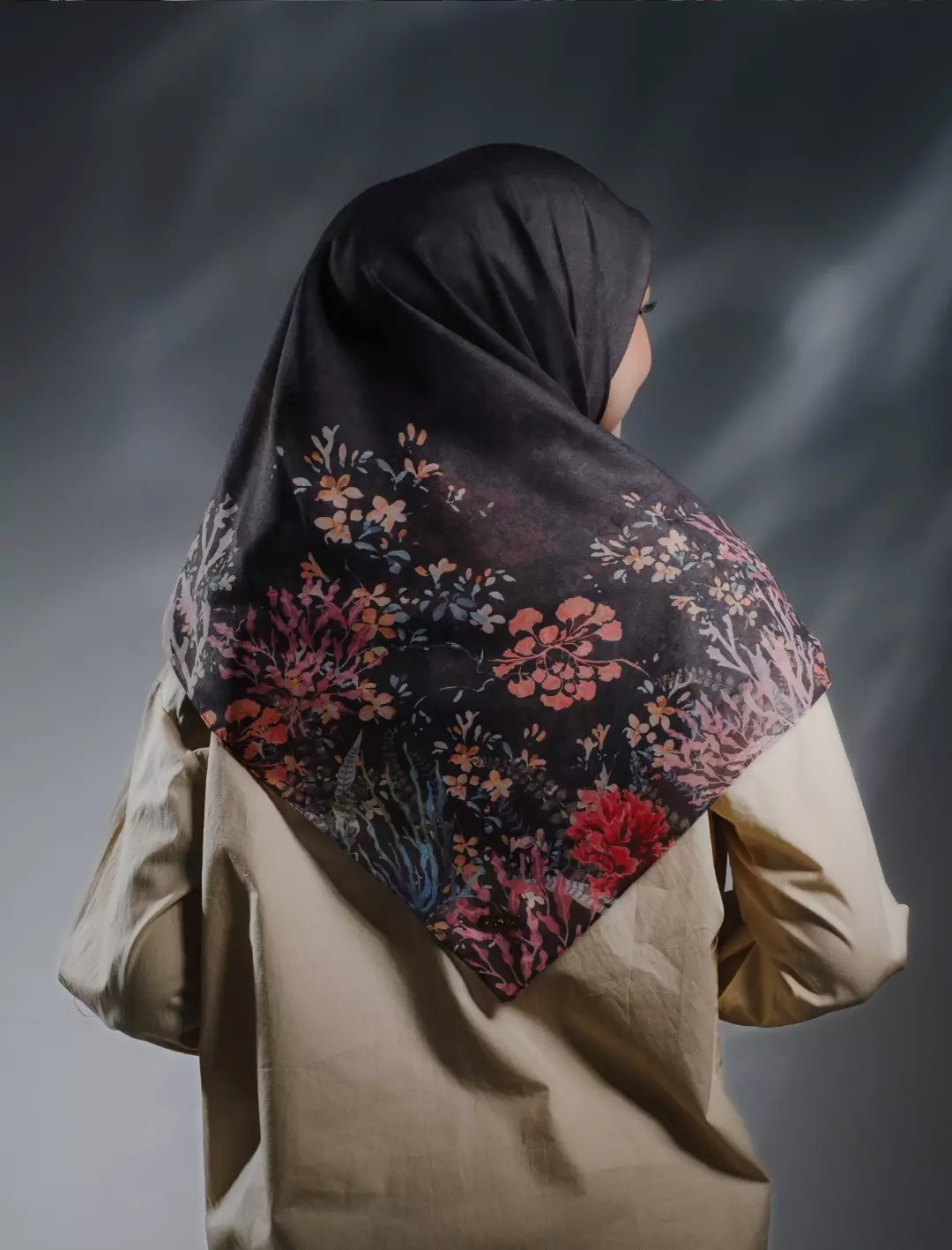 MARINA Scarf Black - Kerudung Hijab Segiempat Motif With BOX - Bahan Voal Premium - Ukuran 115x115