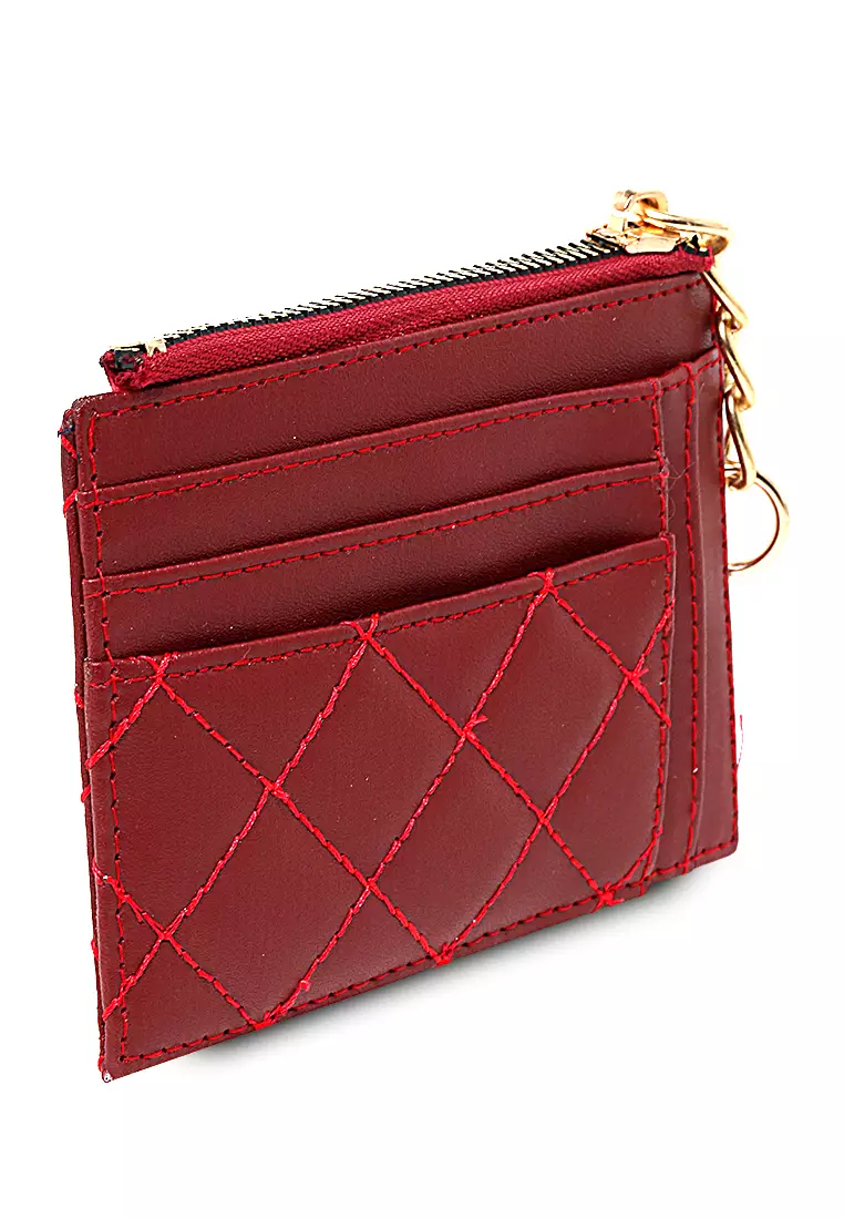 Dompet Kartu Motif Bordir Material Leather Card Holder Mini Wanita 5 Slot + 1 Slot Money - Merah