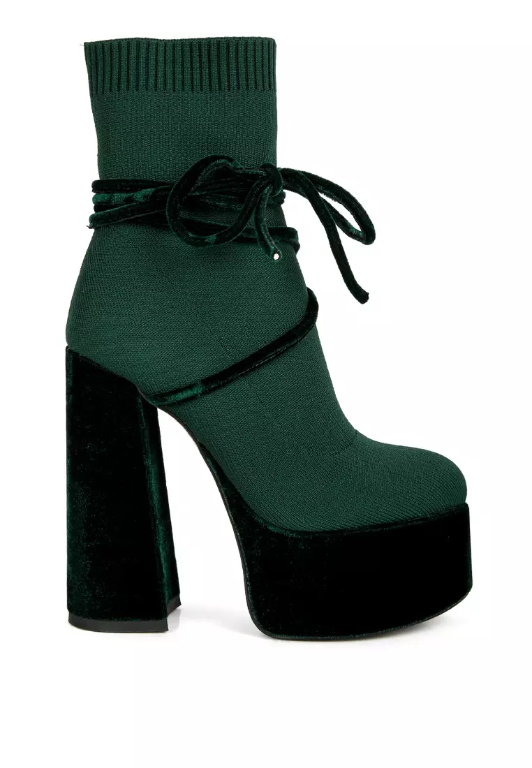 Discount on London Rag  shoes - SKU: Green High Heeled Velvet Knitted Boot