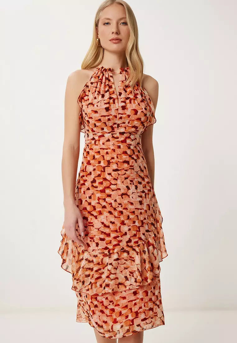 Women's Tile Bone Pattern Flounced Summer Chiffon Dress Fg00025