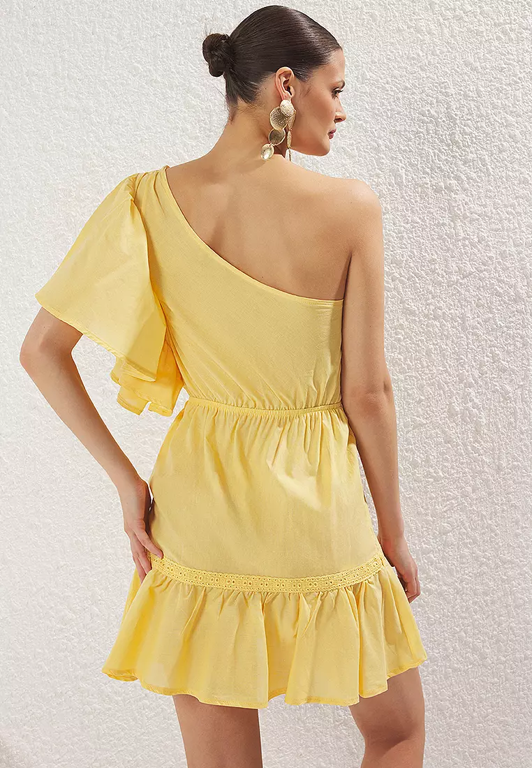 One Shoulder Mini Woven Flounce Beach Dress