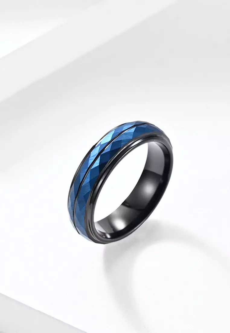 Rhombus Surface Blue And Black Matching Tungsten Steel Ring JW QF-007