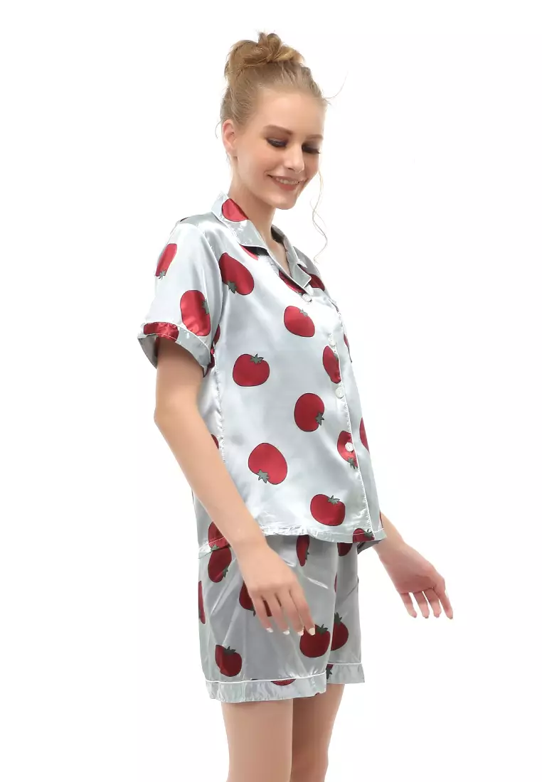 Vance Setelan Baju Tidur Wanita Lengan Pendek Motif Tomat Material Satin ORIGINAL - Blue