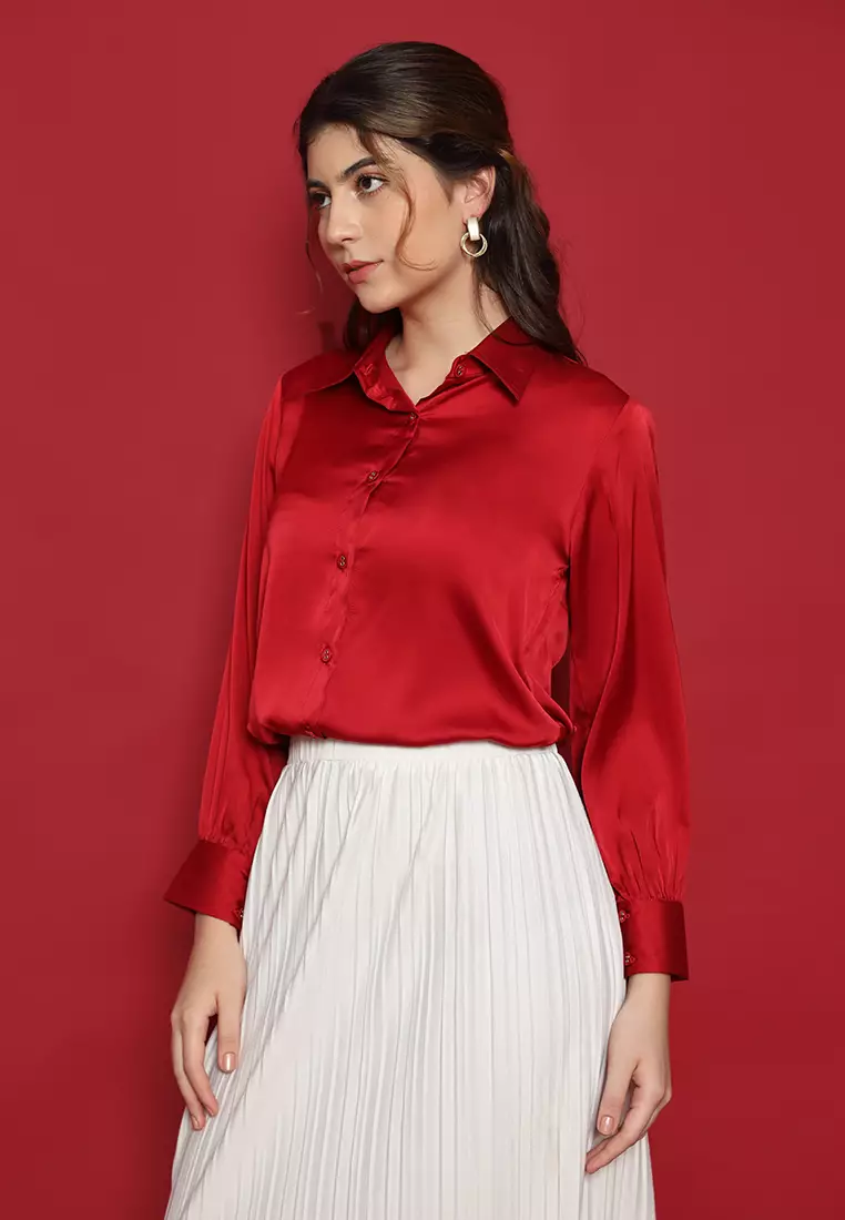 Satin Silk Shirt In Red By Brilliant Girl Warna MERAH