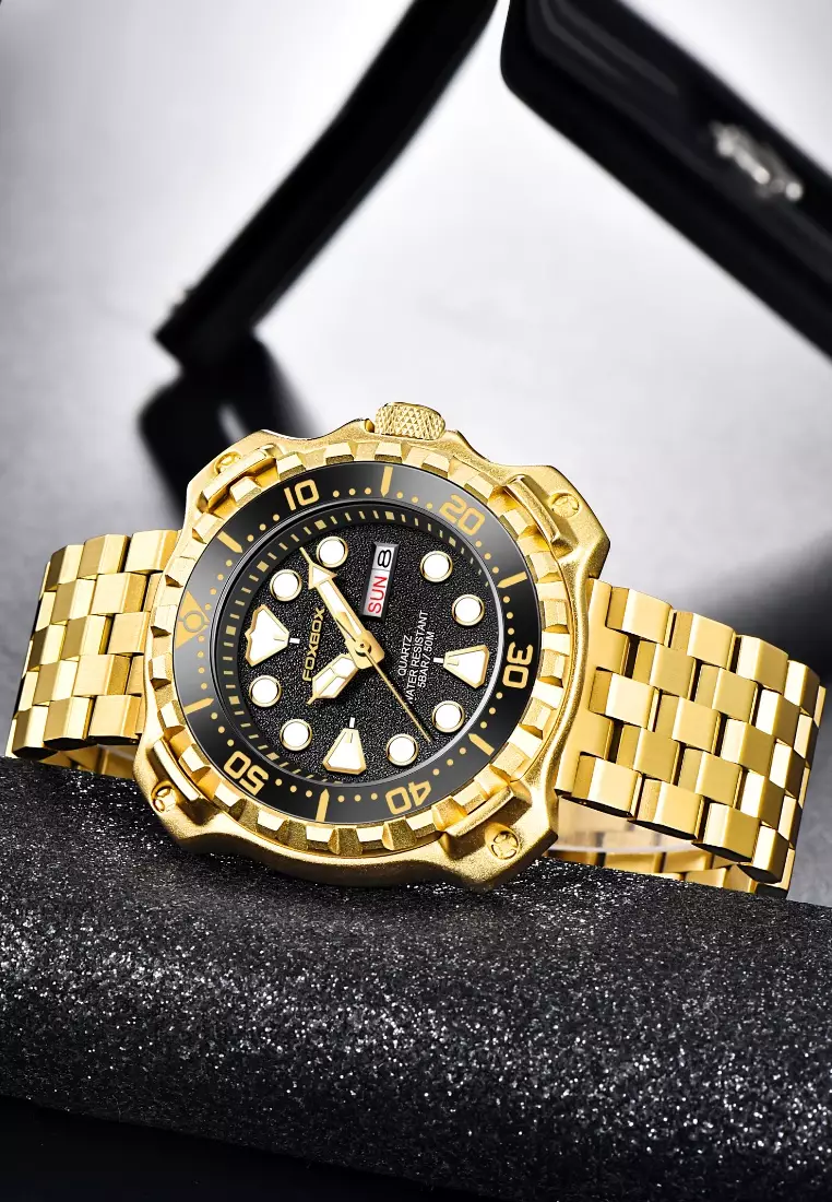 Buy LIGE FOXBOX Unisex IP Gold Stainless Steel Diver's Quartz Watch ...