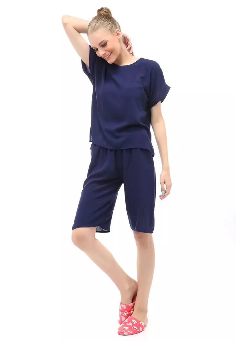 Setelan Wanita Lengan Pendek Design Simple Casual Relaxed Fit - Navy