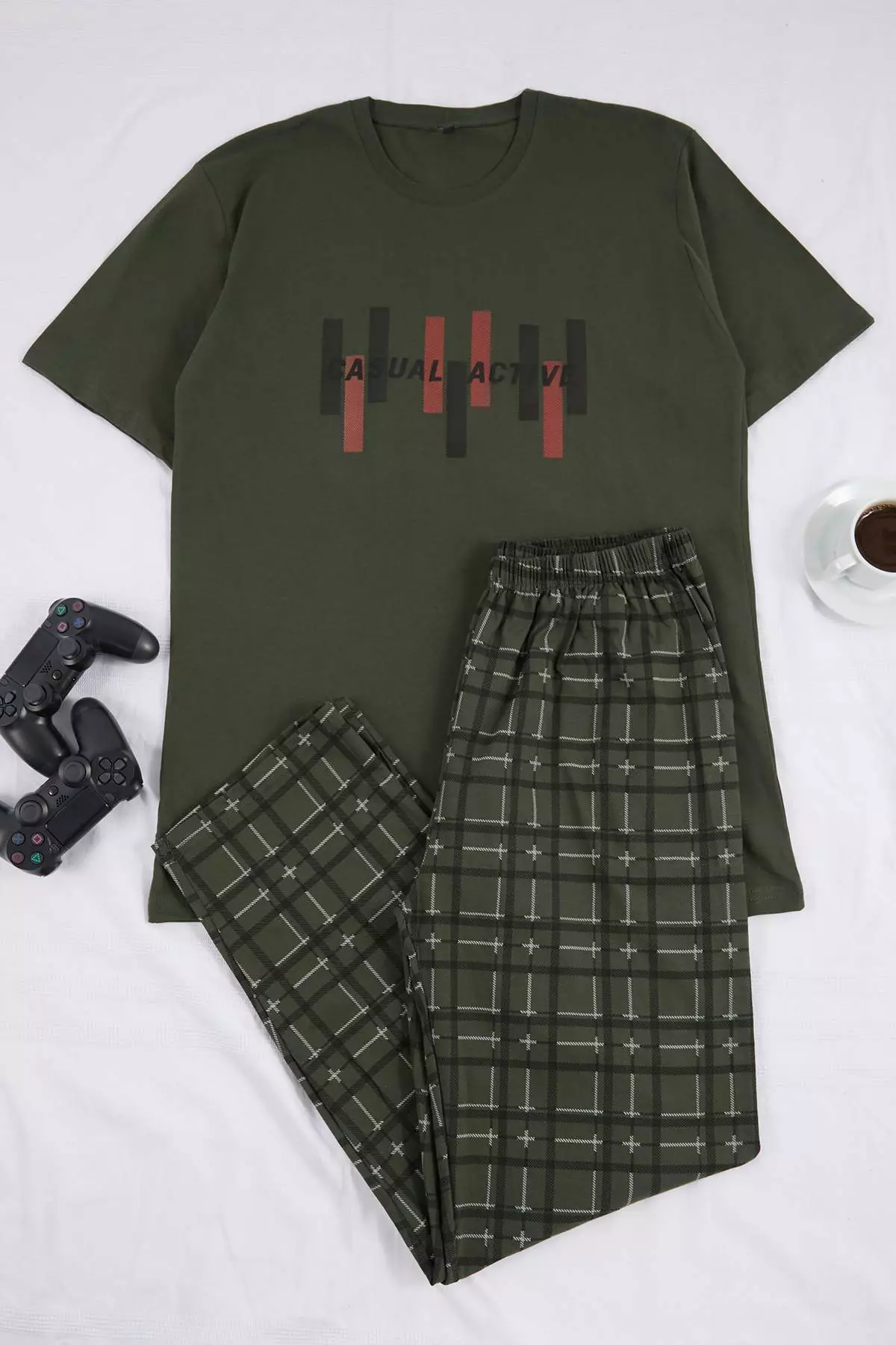 Green Big Size Regular/Normal Fit Printed Bottom Plaid Pattern Pajamas Set Tmnss26Ai00011
