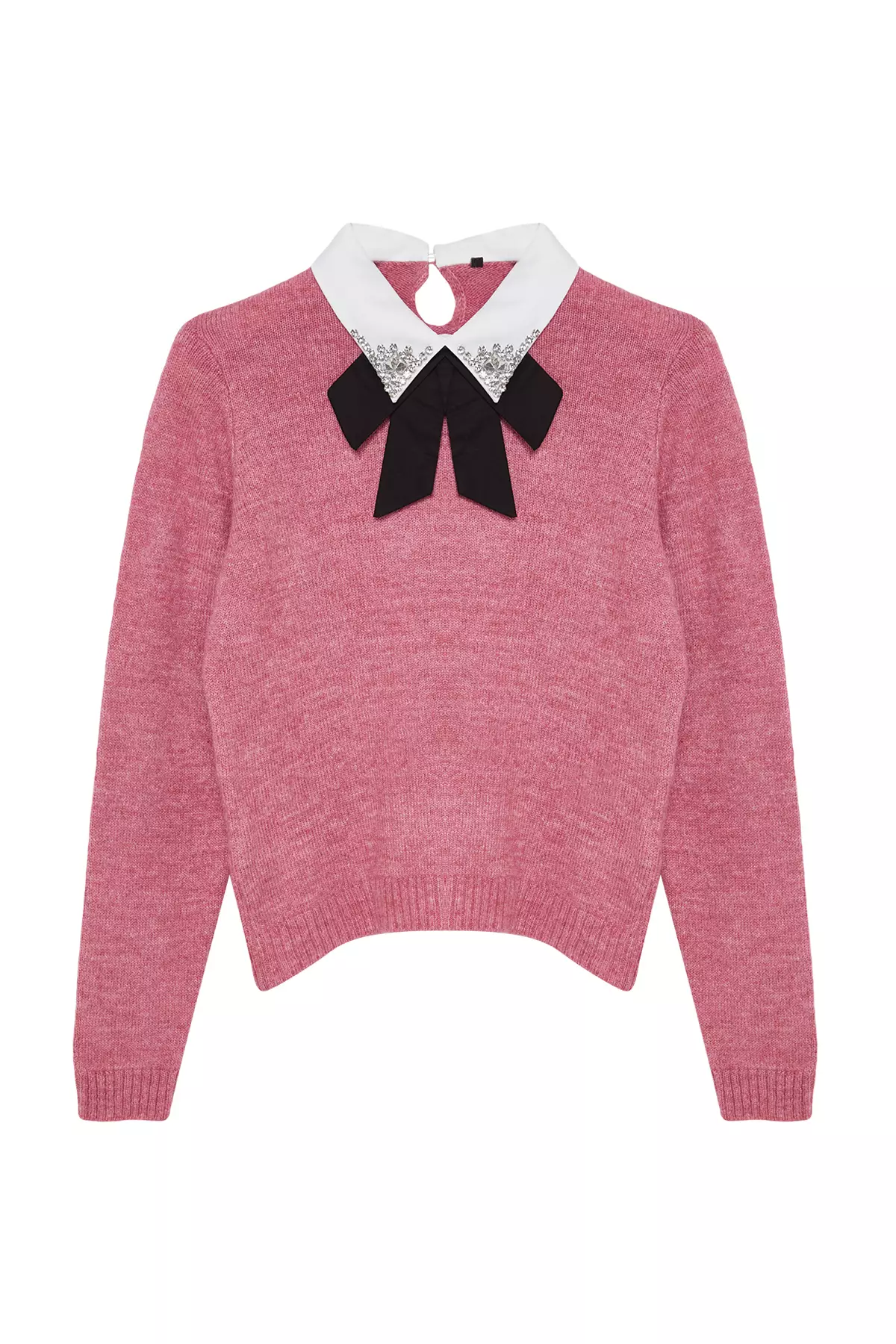 Dusty Rose Soft Texture Shirt Garnished Ribbon/Bow Detailed Stone Knitted Sweater