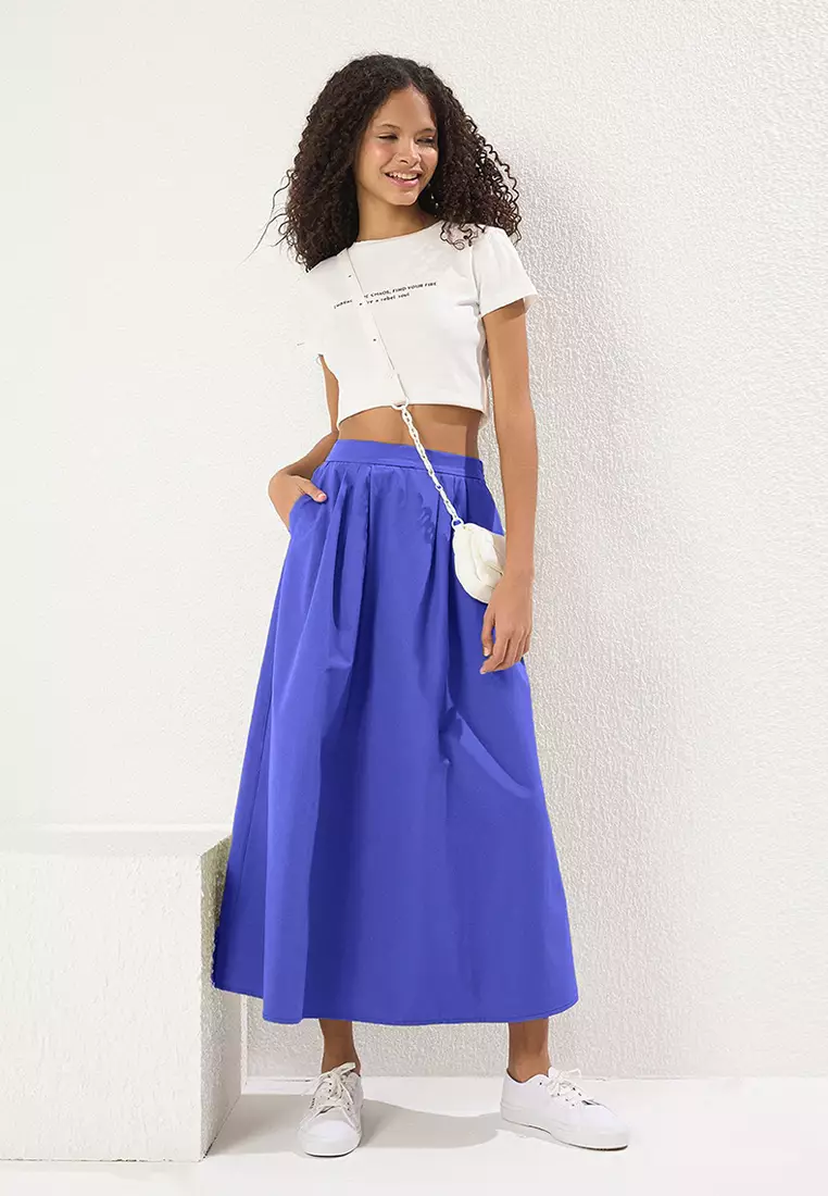 Navy Blue Pleated Detailed Maxi Length Woven Skirt TWOSS25ET00158