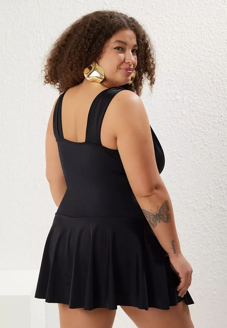 Black Deep V Neck Gathered Strap Detailed Skirted Plus Size Swimsuit TBBSS25AM00017