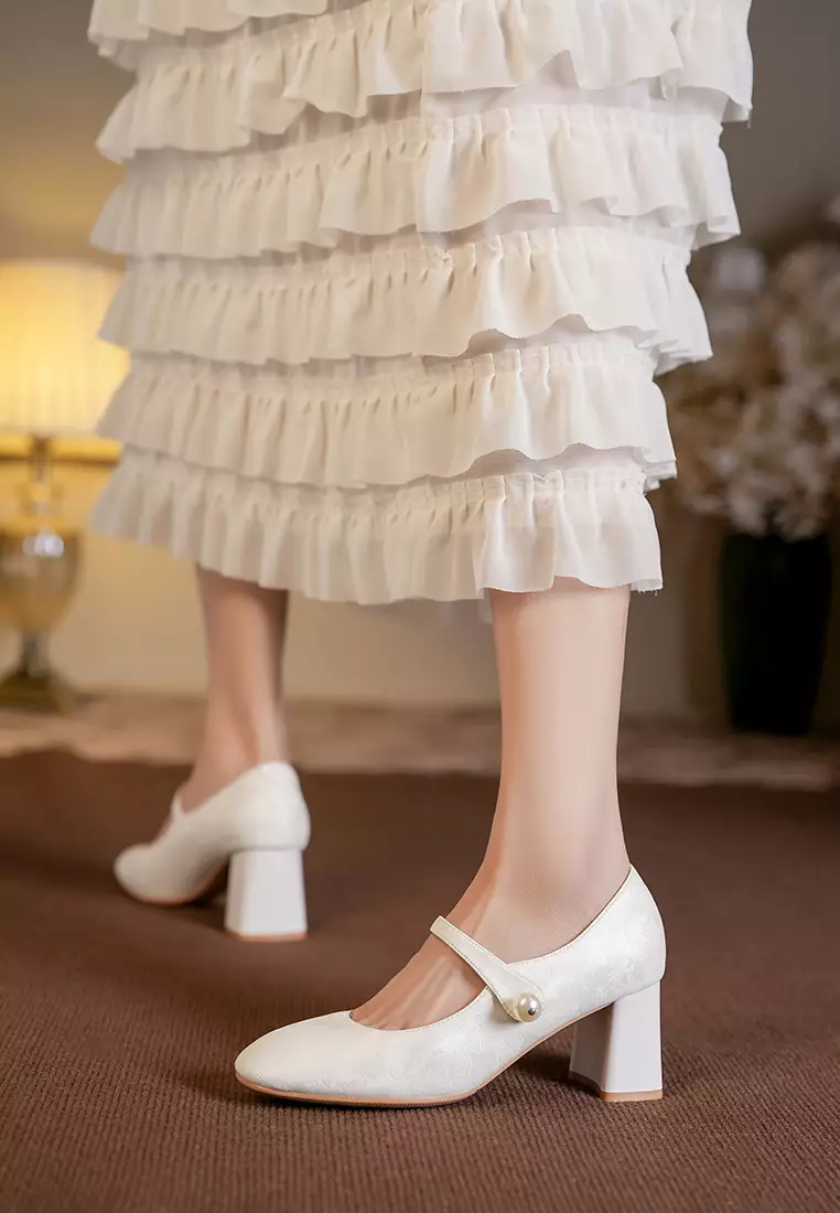 7CM Pearl Strap Cotton Print Mary Jane Shoes BY664-58
