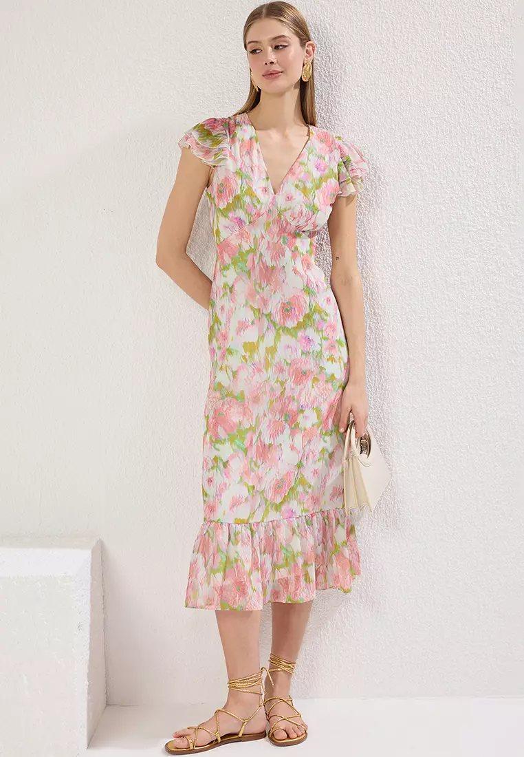 Multicolored Floral Patterned A-Line Ruffle Midi Woven Dress