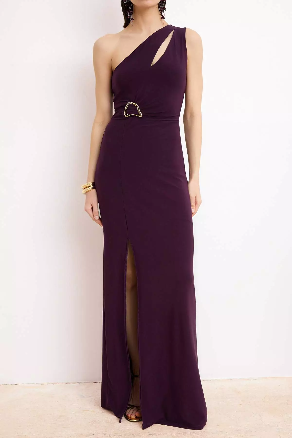 Plum Plain Straight Cut Accessory Detailed Knitted Sandy Maxi Evening Dress & Graduation Dress