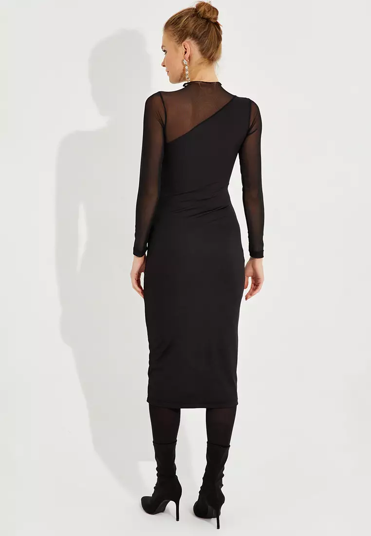 Tulle Detailed Asymmetric Midi Dress