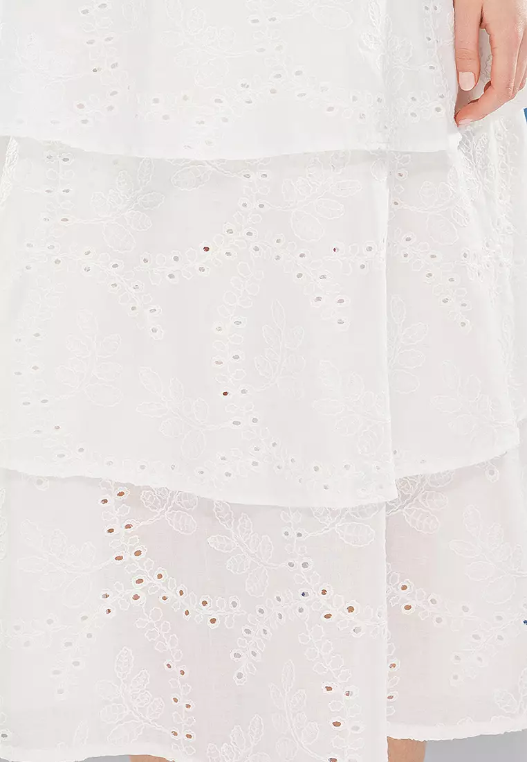 Ecru Skirt With Opening Waist And Back Tie Detail Maxi Embroidered Woven Dress