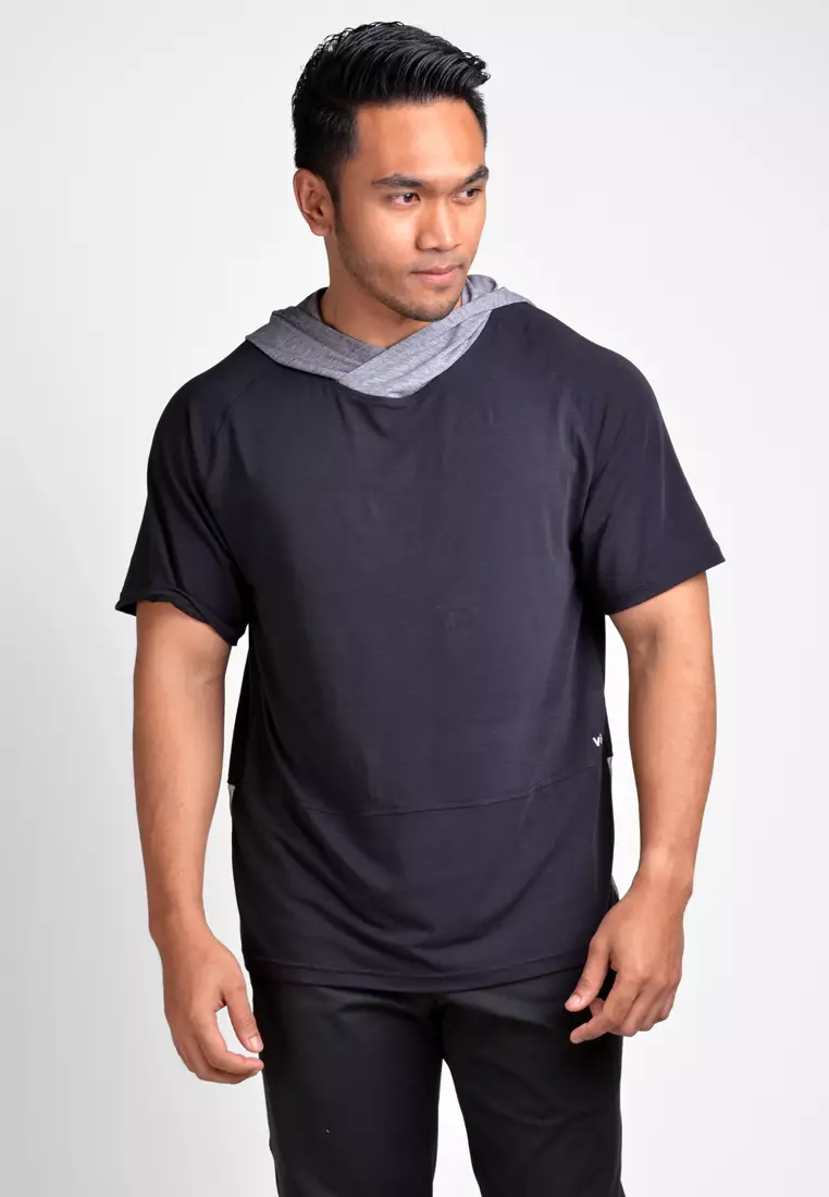 Mens black top short sleeve hoodie