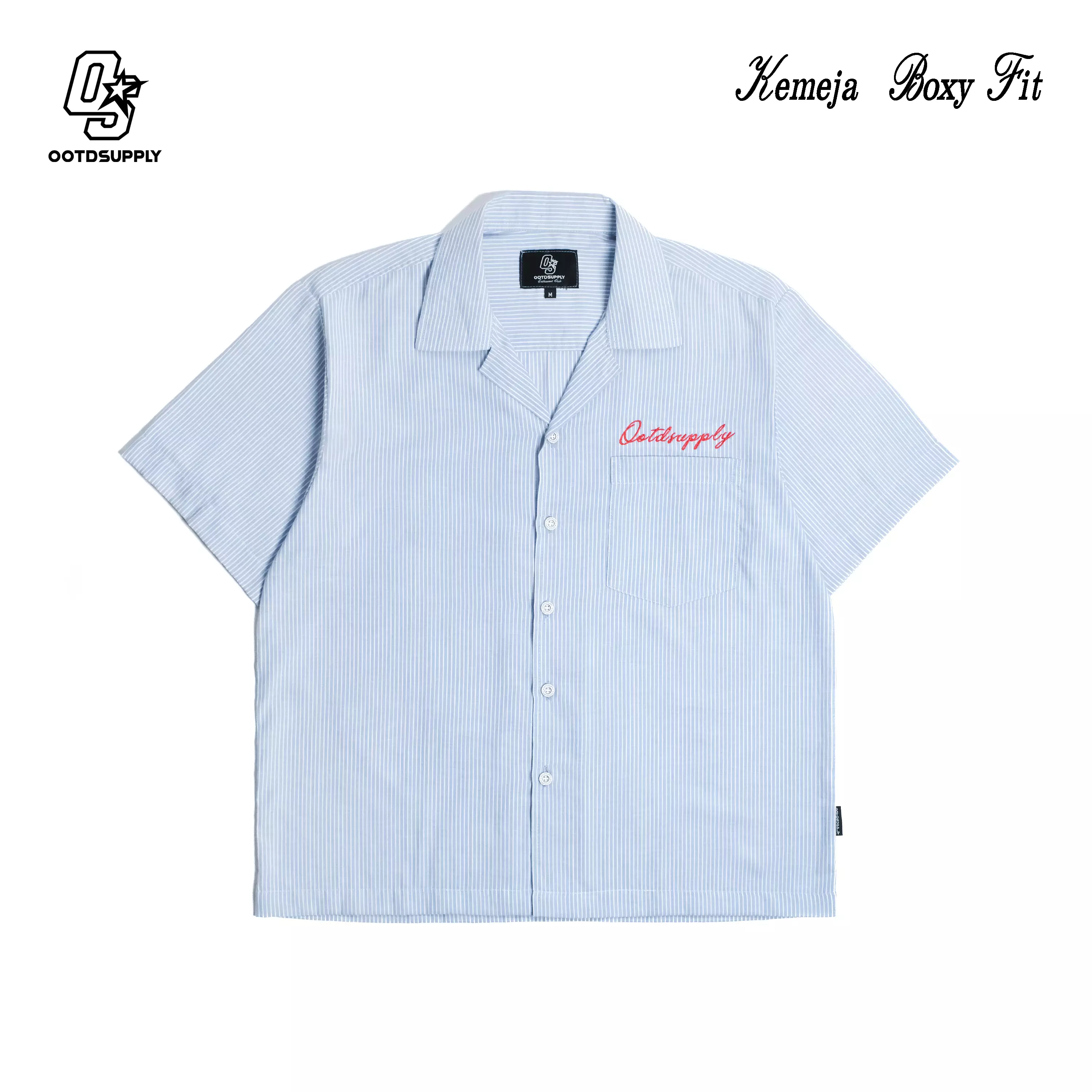 OOTDSUPPLY Kemeja Stripe Casual Blue Wave Embroidery Black & Blue | Kemeja Salur | Relaxed Shirt Pendek | KMJRSBWE