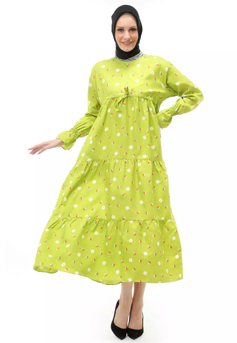 Zahra Gamis Muslimah Wanita Motif Bee Long Sleeve Comfortable To Wear - Green