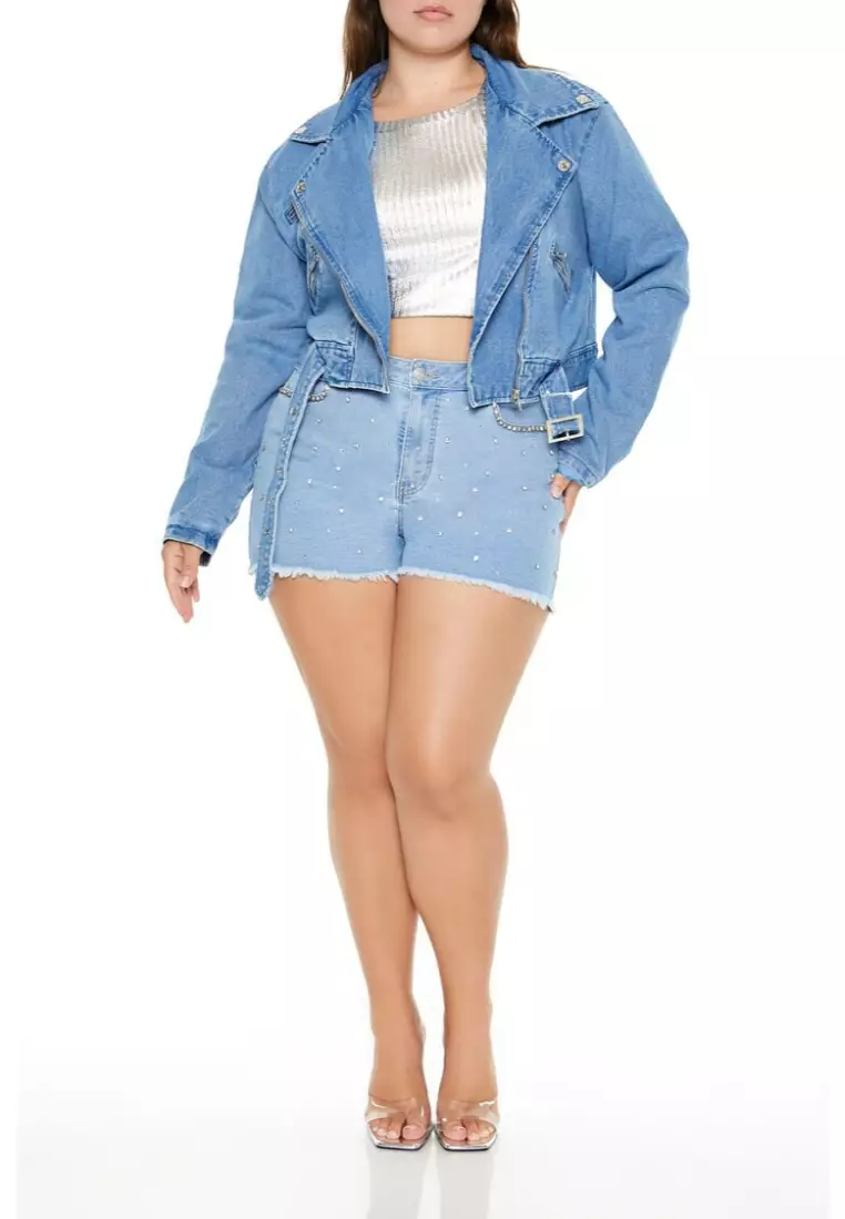 Plus size denim moto jacket shop