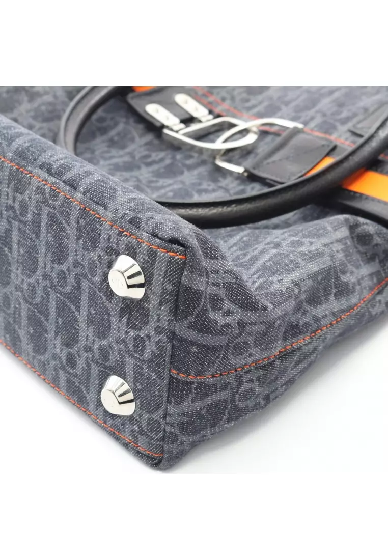 Pre-Loved Christian Dior Flight Line Trotter Handbag tote bag denim leather Indigo blue black orange