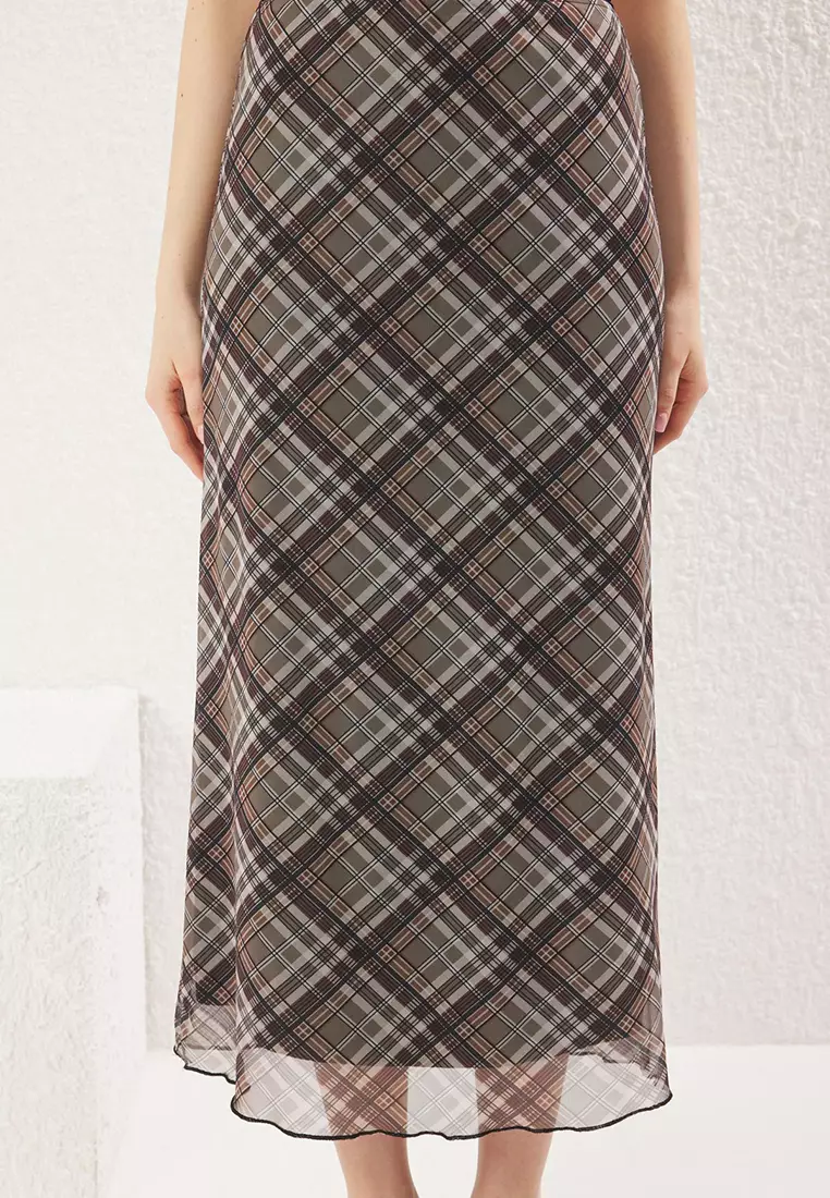 Multicolored Plaid Patterned Tulle Lace Detailed Elastic Skirt TWOSS25ET00153