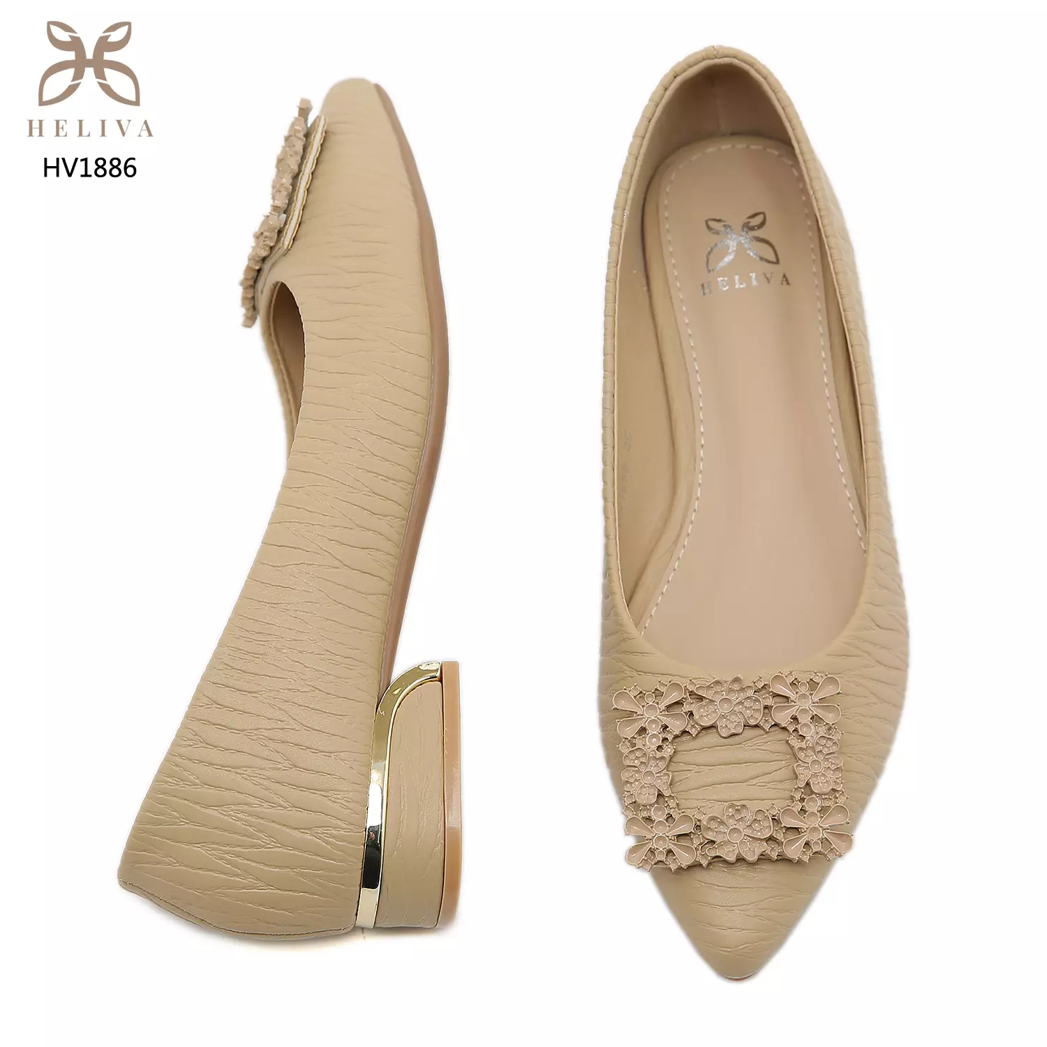 Heliva Sarah Women Shoes Heel chunky Wood Grain Pattern Frame Flower Sol 2.5cm HV1886