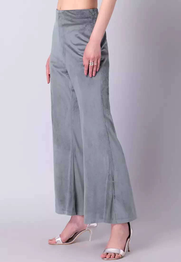 Grey Velour High Waist Flared Trousers