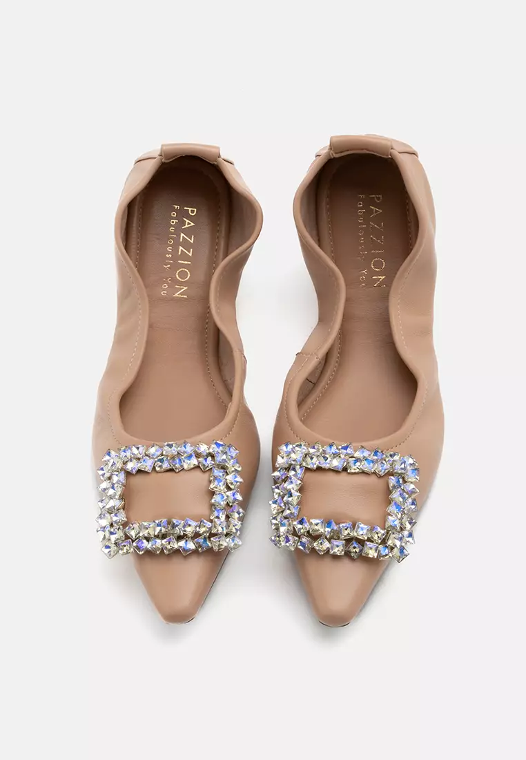 Odessa Embellished Buckle Foldable Flats Almond