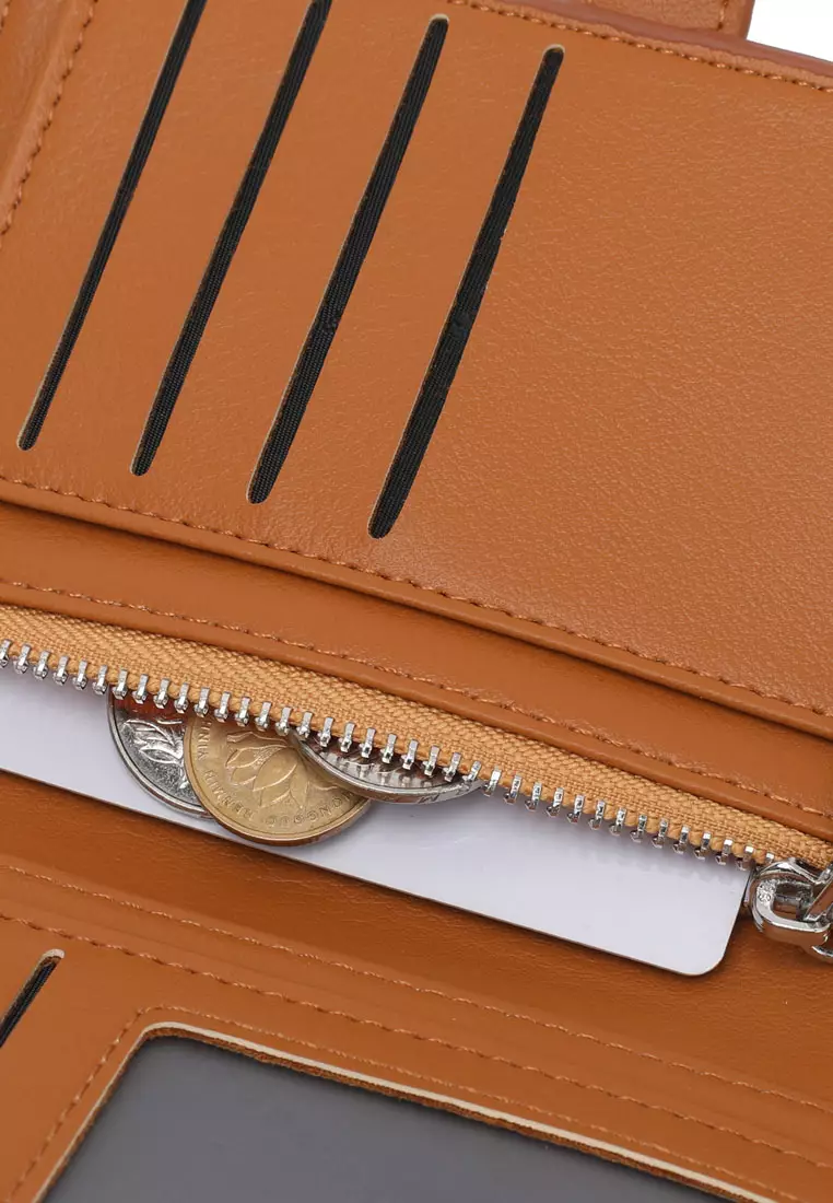 Women's Pin Button Bi Fold Leather Short Wallet / Purse With Coin Compartment