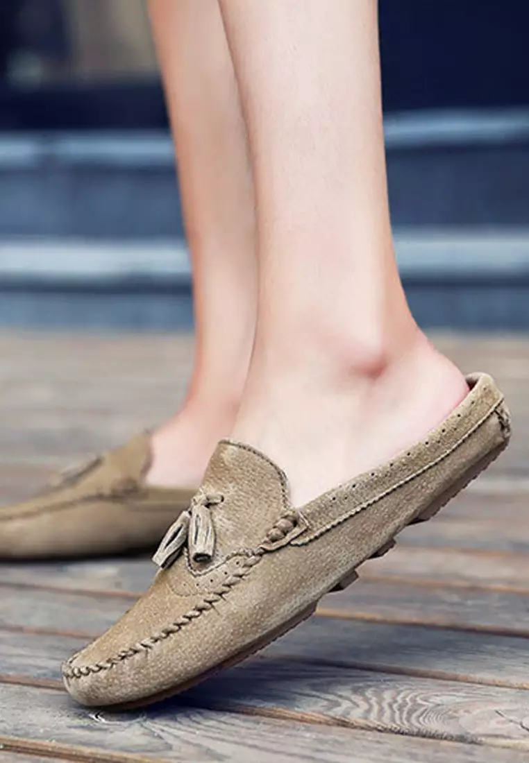 Ergonomic pigskin fringed half slippers