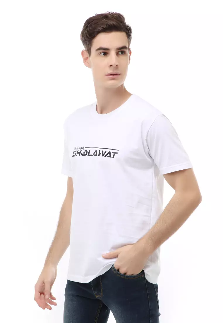 T-Shirt Atasan Kasual Pria Shalawat Lengan Pendek Material Cotton ORIGINAL - White