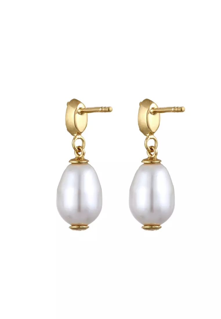 Anting Perhiasan Perak 925 Wanita White Synthetic Pearl and Crystals Gold Plated
