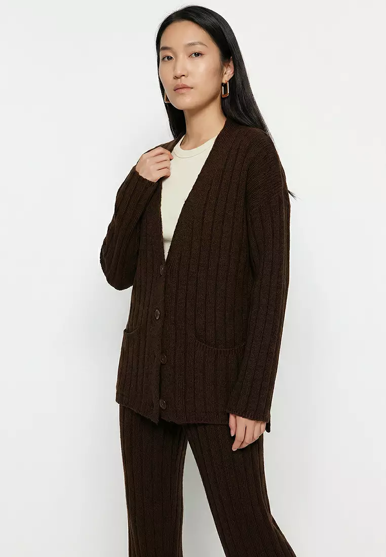 Brown Wide fit Soft Textured Knitwear Top-Top Set TWOAW22AU0128