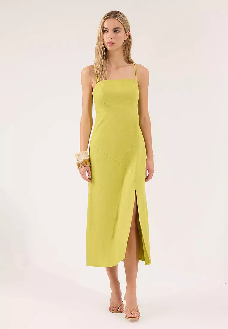 Oil Green Linen Blended A-Line Maxi Woven Dress Twoss25El00644