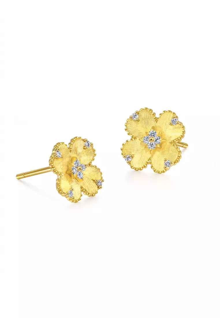 999.9 24K Gold 'Gold Rhyme' Floral Diamond Gold Earrings for Women 95101E