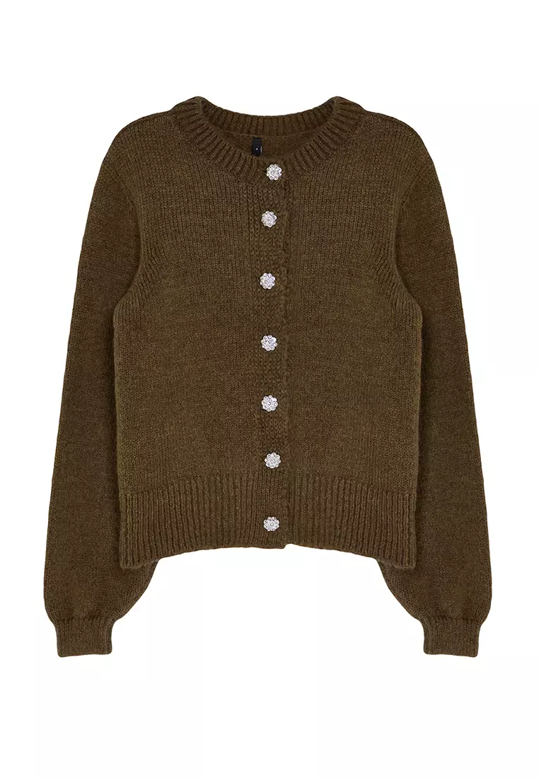 Khaki Soft Texture Jewel Buttoned Jacket Look Knitwear Cardigan TWOAW21HI0034