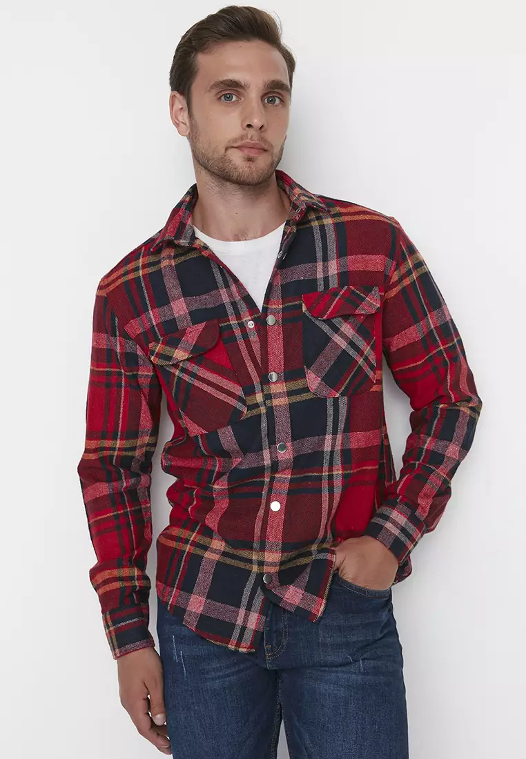Buy Trendyol Men's Red Regular Fit Lumberjack Shirt with Double Caps ...