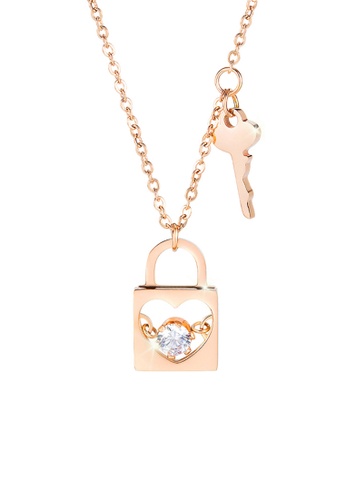 CELOVIS gold CELOVIS - Honor Heart Lock Pendant with Cubic Zirconia and Key Chain Necklace in Rose Gold 640C1AC0C41328GS_1