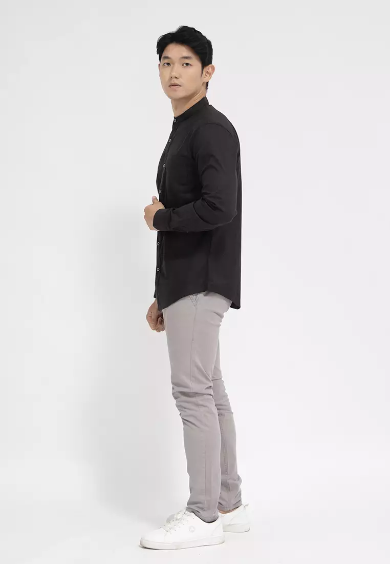 Kemeja collarless koko Slub hitam OXCON Black