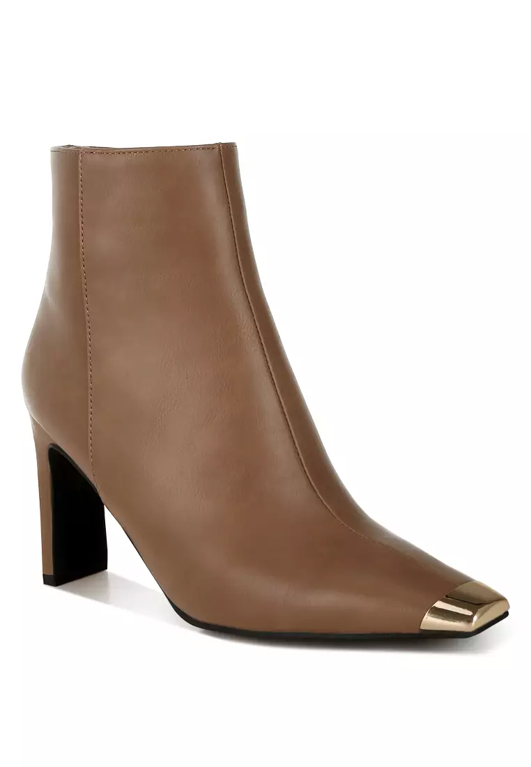 Metallic Cap Toe Faux Leather Boots in Brown