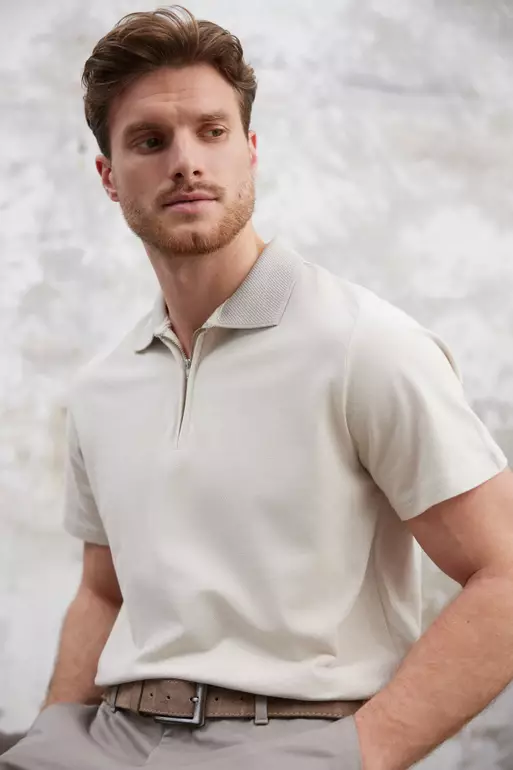 Stone Regular/Normal Cut Zippered 100% Cotton Polo Neck T-Shirt