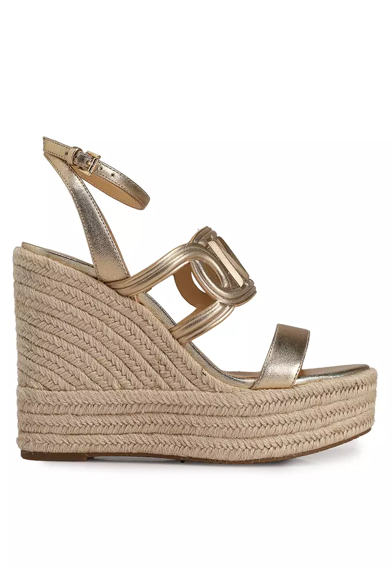 Discount on MICHAEL KORS  shoes - SKU: Alma Gold Logo-Strap Wedge Sandals (cq)