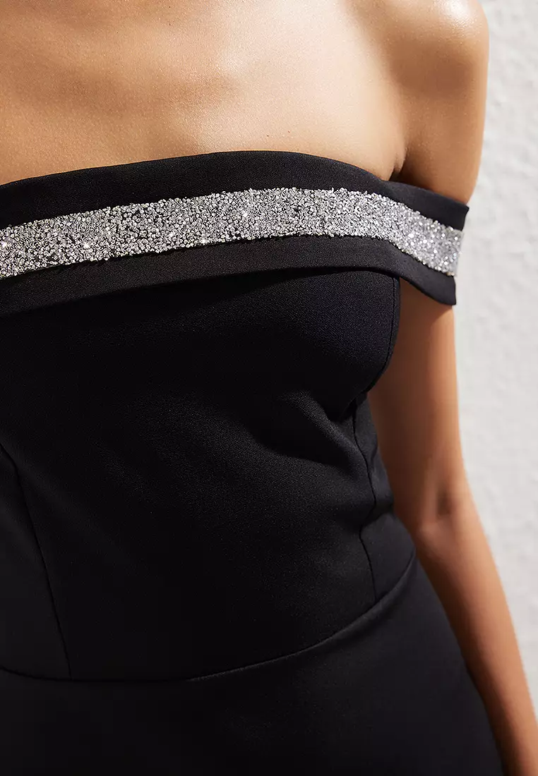 Black Bodycon Carmen Collar Woven Mini Chic Dress