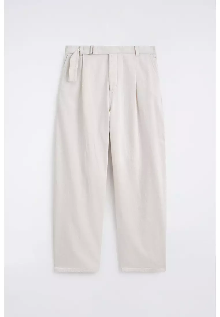 BELTED DENIM RELAXED-FIT BARREL-LEG TROUSERS