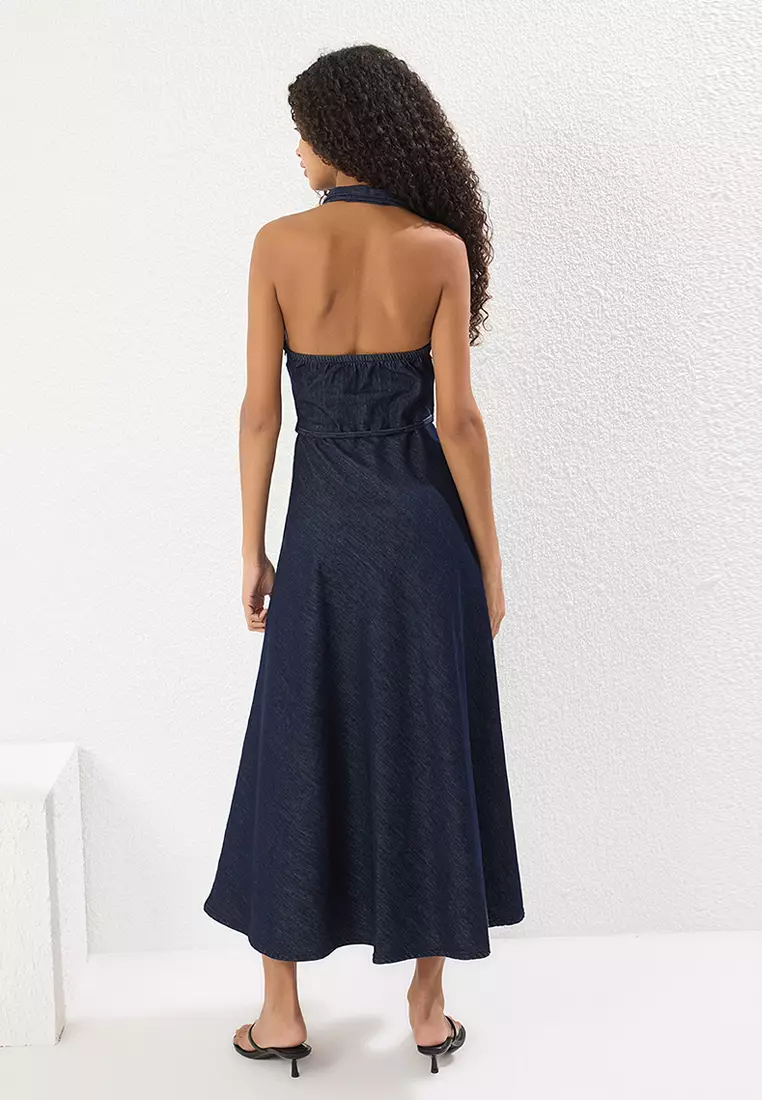 Dark Blue Skirt with Flounce Tie Detail Halter Neck Maxi Denim Dress TWOSS25EL00602