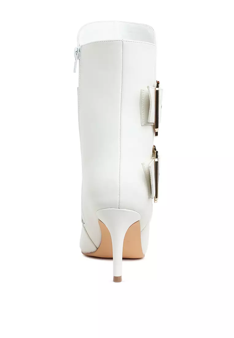 Chunky Buckle Strap Ankle Boots in White