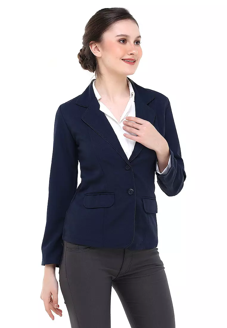 Qemsya Jas Blazer Wanita Korean Style Formal Longsleeve Suit Material Polyester ORIGINAL - Navy