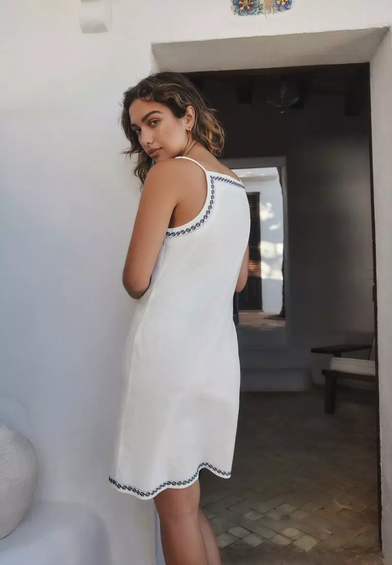 Embroidered Mini Shift Dress With Linen