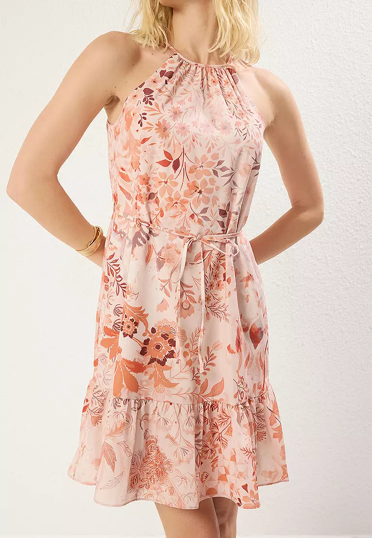 Light Orange Belted Floral Straight Cut Belted Mini Woven Dress